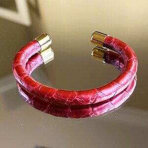 Rustic Cuff Red Snakeskin and Gold tone Stainless Bangle Bracelet